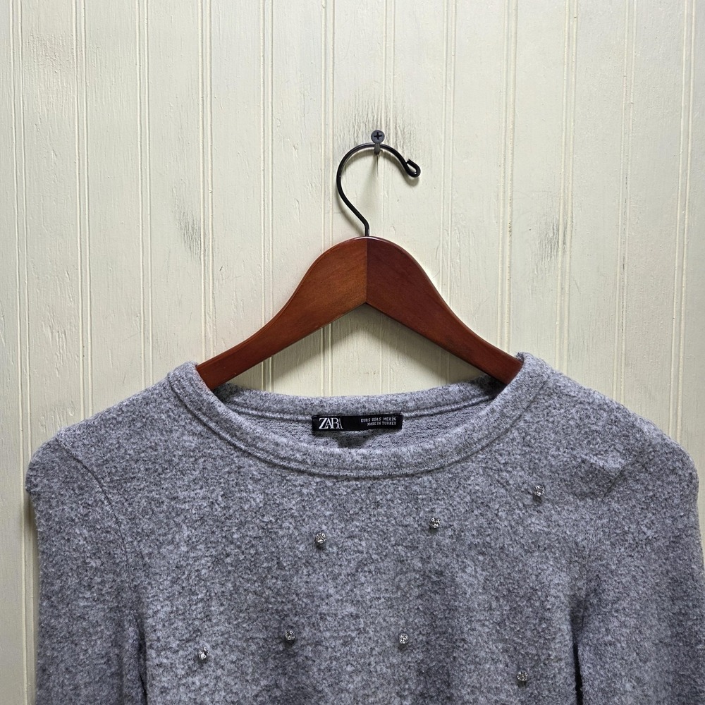 Zara Sweater Womens Small Gray Crew Neck Rhinestone Studded Cropped Knit